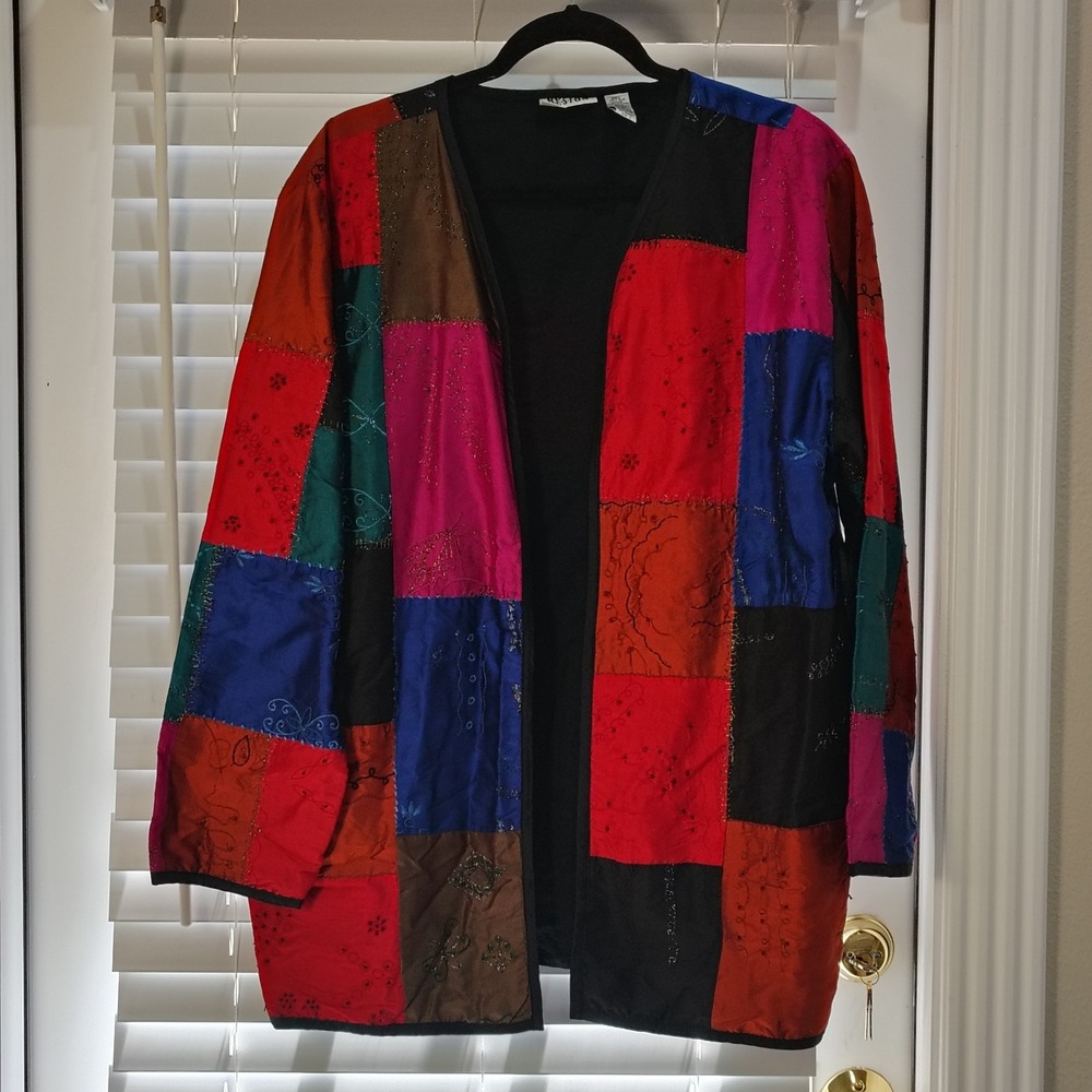 Vintage Chicos Design Silk Patchwork Jacket Women XL Beaded Art to Wear Dopamine